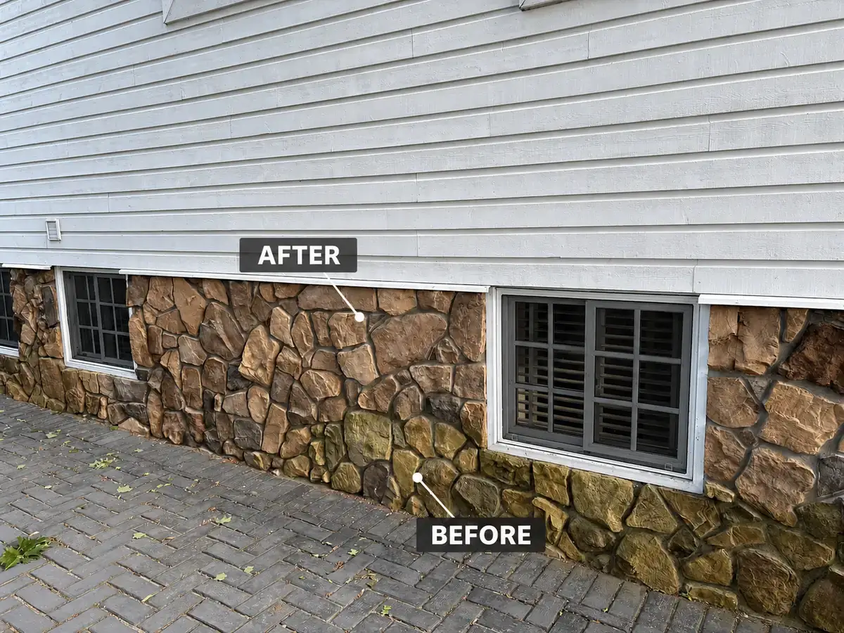 Stone foundation pressure washing — dark green algae before compared with clean bright stone after