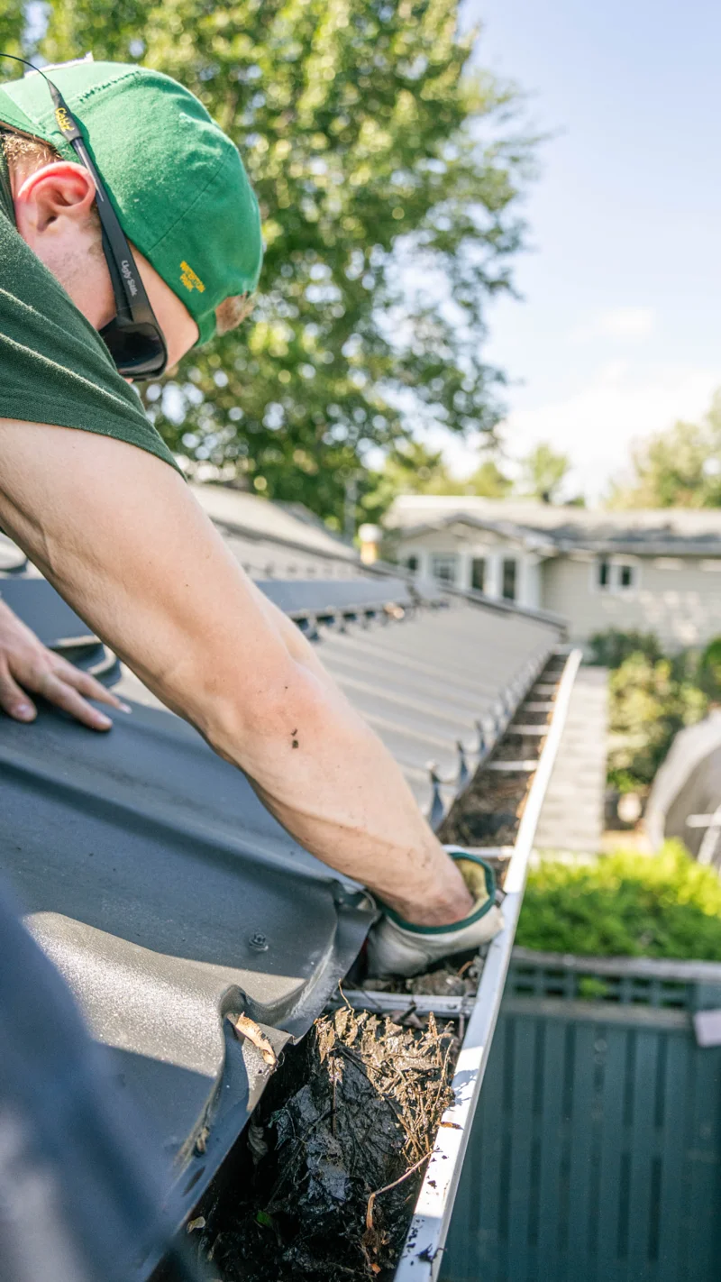 Gutter cleaning and downspout flushing on a house roofline