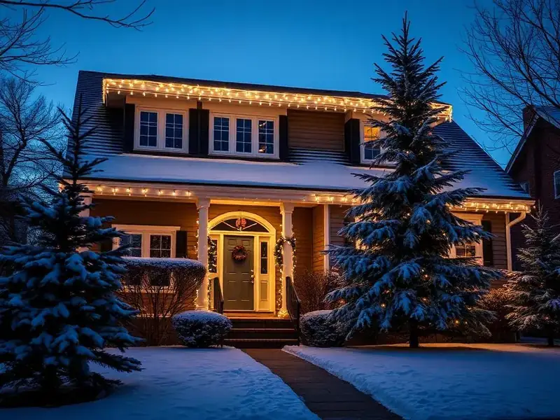 Professionally installed Christmas lights along the roofline of a North Bay home at dusk