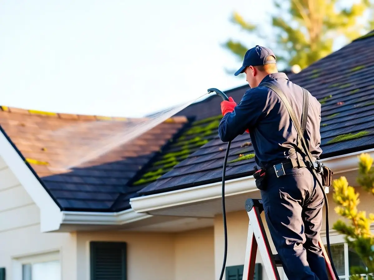Nipissing Exteriors technician applying a low-pressure roof wash to remove moss and black streaks in North Bay