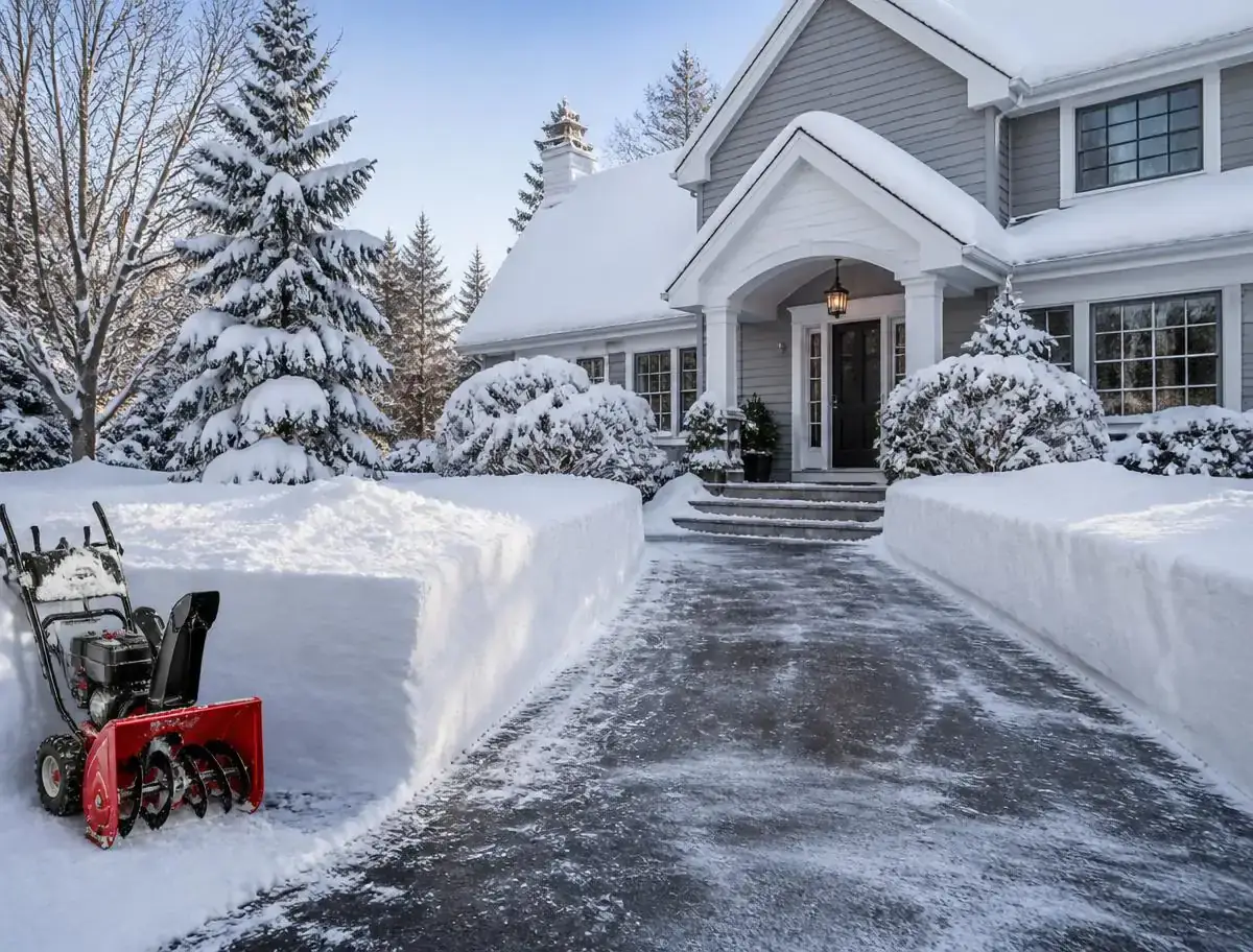 Snow removal clearing a residential driveway in North Bay after a snowfall