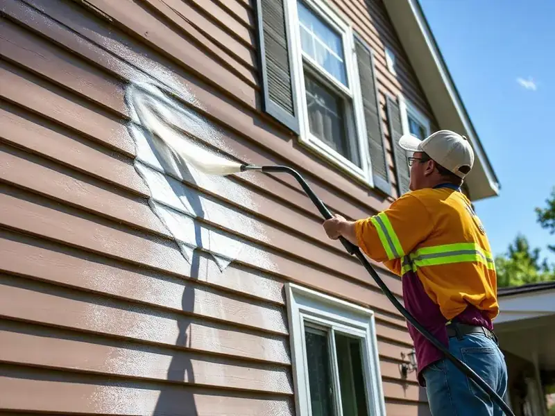 Low-pressure soft wash rinsing clean vinyl siding on a home
