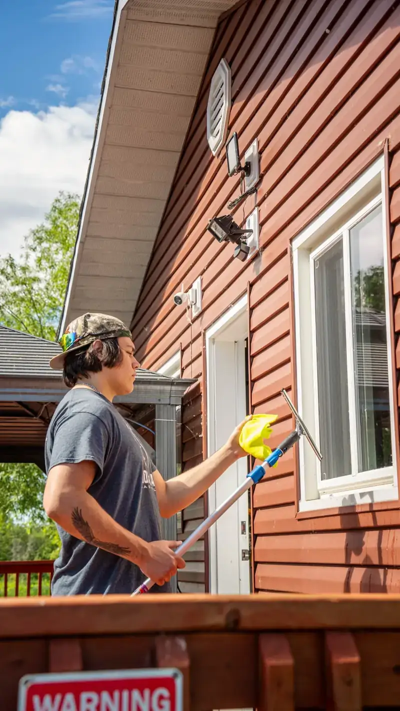 Window cleaner squeegeeing exterior glass on a red-sided North Bay home